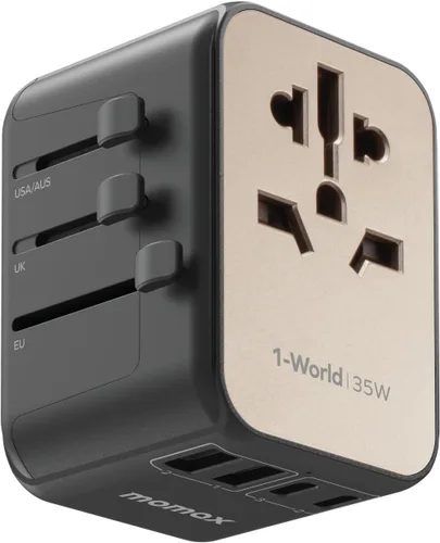 Vista 12 de MOMAX Adaptador de viaje universal, adaptador de enchufe internacional de 20 W+18 W con 2 USB-A de carga rápida y 1 USB C PD de carga rápida, 1 CA