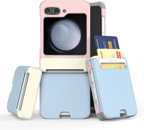 Vista 19 de para Galaxy Z Flip 5 Funda con 2 ranuras para tarjetas, funda rígida delgada y resistente con protección de bisagra, funda completa con protección