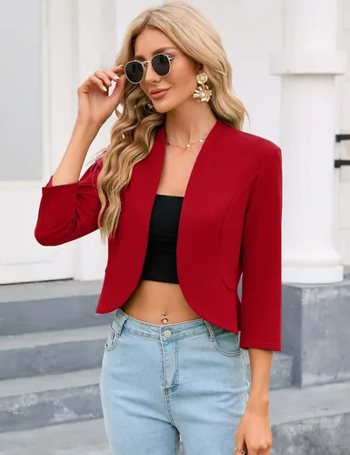 Vista 5 de KOJOOIN Blazer corto para mujer, casual, de negocios, manga 34, sin cuello, frente abierto, chaqueta de trabajo