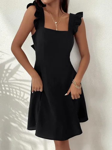 Vista 2 de MakeMeChic Vestido corto de verano sin mangas con volantes y lazo en la espalda abierta para mujer