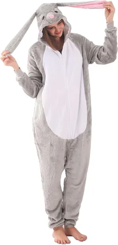 Vista 9 de LOBUJOU Pijama de una pieza para adultos, disfraz de dibujos animados de animales para mujeres y hombres, cosplay, Halloween, conejo gris