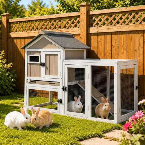 Vista 11 de Gowoodhut Conejera de 38.19 pulgadas de largo para interiores y exteriores con 4 ruedas, jaula de madera para conejo con bandeja extraíble a prueba