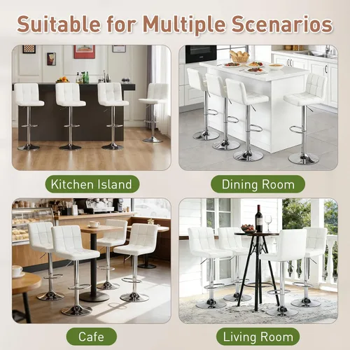 Vista 9 de Sweetcrispy Juego de 2 taburetes de bar de piel sintética ajustables sin brazos, taburetes de bar giratorios hidráulicos para encimera de cocina