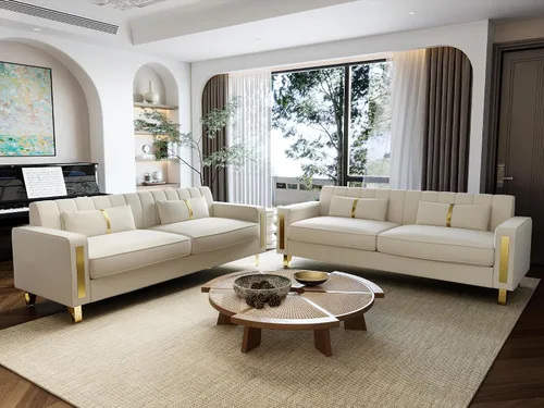 Vista 7 de Sofá de dos plazas para sala de estar, sofá de terciopelo beige de 86 pulgadas con 2 almohadas y patas de metal dorado, sofá tapizado moderno sofá