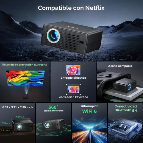 Vista 2 de CiBest Mini proyector con WiFi y Bluetooth, compatible con Netflix/YouTube/PrimeVideo, enfoque eléctrico y Keystone, proyector de video Full HD