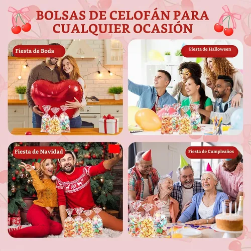 Vista 6 de Yexiya - 100 bolsas de celofán de cereza, lazos rosados, bolsa de regalo