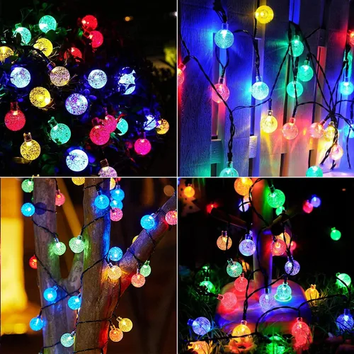 Vista 2 de Guirnalda de luces solares para exteriores, 100 luces LED de 40 pies de globo de cristal multicolor con 8 modos de iluminación, luces solares