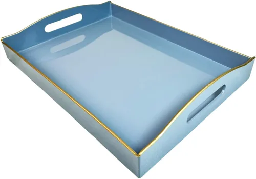 Vista 16 de Bandeja de servir azul con 4 asas, bandeja decorativa de plástico para mesa de café, otomana - Ideal para sala de estar y baño. 15 x 11 x 1.9