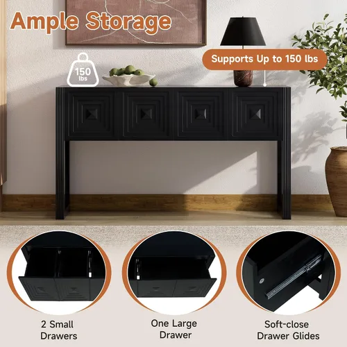 Vista 4 de LUMISOL Mesa consola geométrica tallada con 3 cajones, mesa de sofá de granja detrás del sofá con almacenamiento y detalles de patas acanaladas