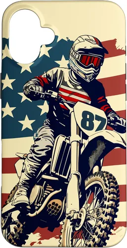 Vista 22 de Funda vintage para iPhone 16 Motocross Rider Dirt Bike con bandera estadounidense