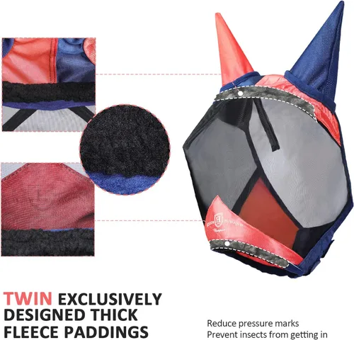 Vista 99 de Harrison Howard Máscara de mosca de caballo luminosa profesional estándar con orejas protección UV para caballo, azul y plateado, pequeño poni Azul