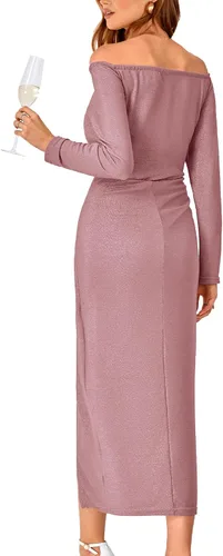 Vista 2 de BTFBM Vestido ajustado de manga larga con hombros descubiertos para mujer, con abertura fruncida, con purpurina, vestido de fiesta de cóctel