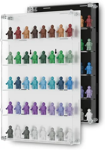 Vista 8 de Vitrina de minifiguras de acrílico, estantes de almacenamiento de figuras pequeñas de montaje en pared con fondo negro, capacidad para 40