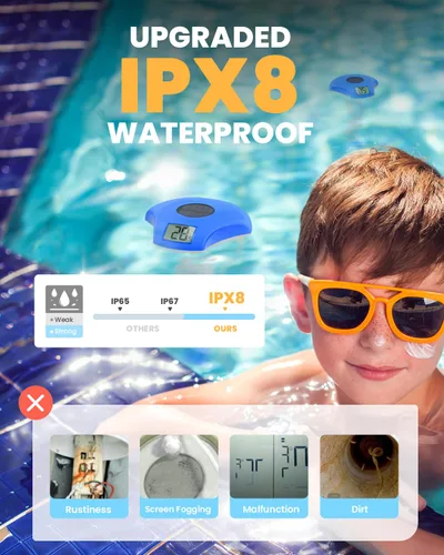 Vista 6 de BALDR Termómetro flotante de fácil lectura, termómetro solar para piscina con pantalla digital, IPX8 impermeable, precisión de ±1.8℉ para jacuzzis