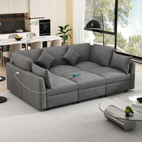 Vista 23 de JIVOIT Sofá modular modular de 93.7 pulgadas con otomana móvil, moderno en forma de U, sofá cama en forma de L con reposabrazos de almacenamiento