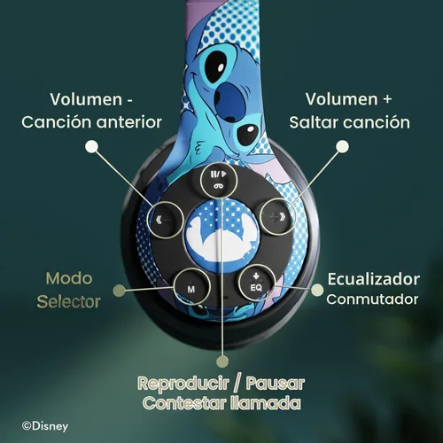 Vista 5 de iJoy Disney Lilo & Stitch Expressions - Auriculares Bluetooth plegables inalámbricos con micrófono integrado, diseño de expresiones de puntada