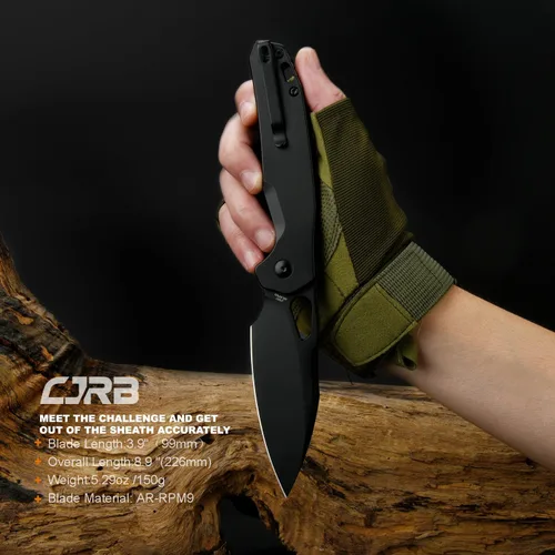 Vista 5 de CJRB Cuchillo de bolsillo Frack, hoja de acero AR-RPM9 de 3.9 pulgadas, con revestimiento de PVD, mango de acero EDC, cuchillo de bloqueo de botón