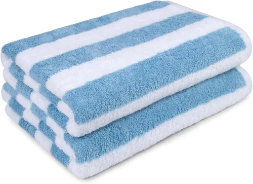 Vista 6 de Amazon Basics Toallas de playa a rayas, suaves y absorbentes, 100% algodón hilado en anillo, lavables a máquina, de secado rápido, certificado Azul