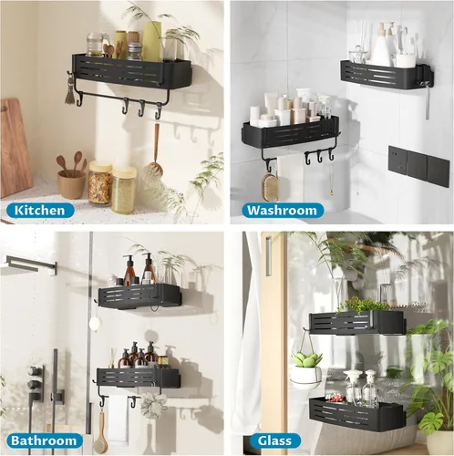 Vista 2 de Onemake Organizador de ducha con ventosa, estante de ducha de succión con ganchos portátiles, organizador de baño con barra de toalla