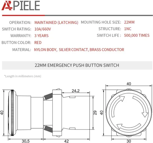 Vista 2 de APIELE Interruptor de botón de parada de emergencia hongo rojo NC de 22 mm 600 V 10 A XB2-01ZS