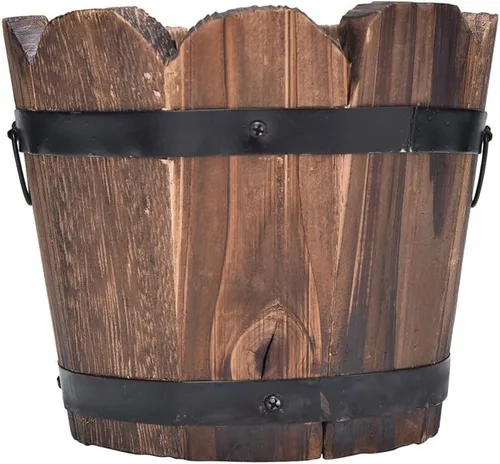 Vista 4 de 1 maceta rústica de madera con forma de barril, para patio, jardín, patio trasero, decoración del hogar