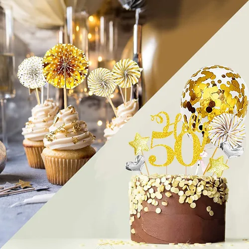 Vista 3 de Hello50 - Decoración de cumpleaños para tartas doradas, para hombres y mujeres, decoración de pastel de cumpleaños número 50