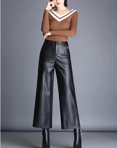 Vista 4 de Lucrosun Pantalones palazzos de piel sintética de cintura alta y pierna ancha para mujer, color negro