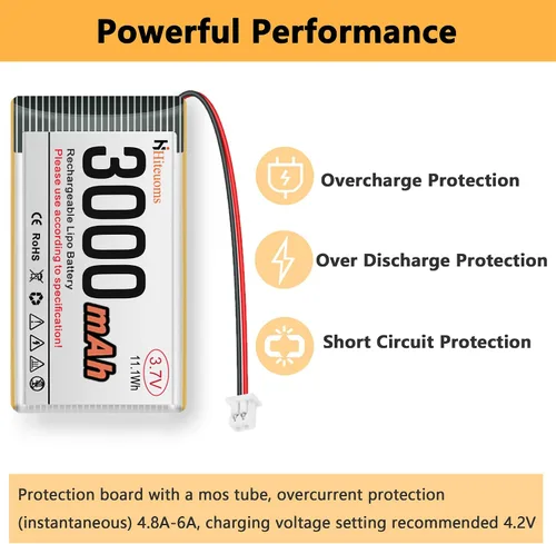 Vista 4 de Batería recargable de 3.7V 3000mAh 1S 1C LiPo Batería para ESP32, Raspberry Pi, IoT, altavoz y dispositivo inalámbrico con placa de protección