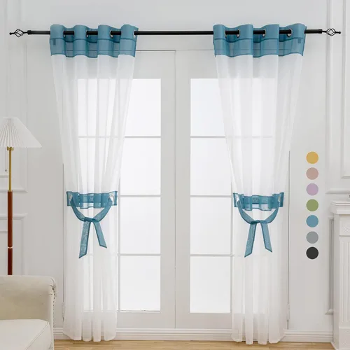 Vista 13 de L.Z.E - Cortinas transparentes blancas y negras de 63 pulgadas de largo, 2 paneles para sala de estar, cortinas elegantes y modernas transparentes