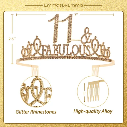 Vista 2 de EBE EmmasbyEmma Banda y tiara de cumpleaños número 11 para niñas, fabulosa banda con purpurina + fabulosa tiara de metal dorada de diamantes