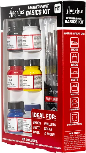 Vista 5 de Kit básico de pintura para cuero Angelus – Juego de pintura acrílica para cuero con 5 colores (1 oz. cada una), preparador y desengrasante y pinceles