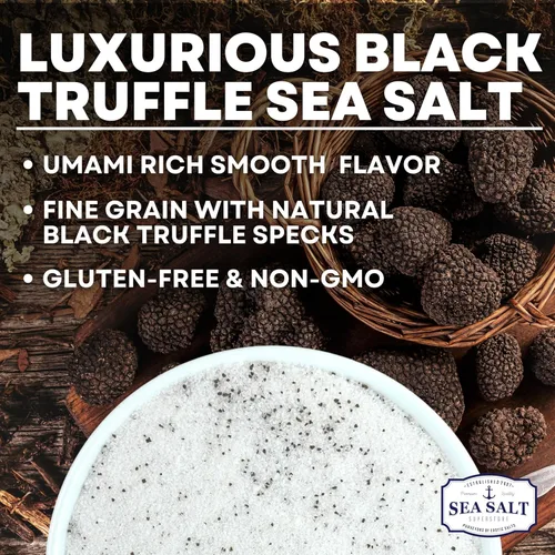 Vista 3 de Sal marina italiana de trufa negra, negro natural para sopas y salsas, sal gourmet suave y rica con infusión de trufa, bolsa de 5 onzas, Caravel