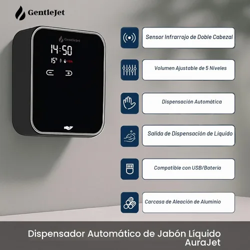 Vista 2 de GentleJet AuraJet - Dispensador automático de jabón líquido para montaje en pared, sensor sin contacto, pantalla LED, 5 niveles ajustables