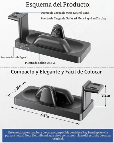 Vista 9 de [Usado] Base de carga para pantalla Meta RayBan y gafas inteligentes de banda neural Base 3 en 1, carga integral. Chip inteligente + carga rápida.