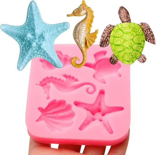 Vista 8 de Moldes para fondant de cuerno de concha, molde de conchas de chocolate con estrellas de mar marinas y tortugas para decoración de pasteles, arcilla