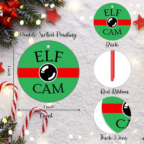 Vista 2 de Adorno de cámara de elfo de Navidad 2023 vigilancia reloj de Papá Noel colgante decoración de árbol de Navidad vacaciones te está mirando travieso