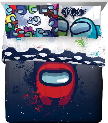 Vista 2 de Jay Franco Among Us Space Splatter - Juego de ropa de cama tamaño Queen de 5 piezas, edredón y sábanas, microfibra suave resistente a la Multi