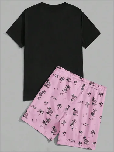 Vista 32 de GORGLITTER Conjunto de 2 piezas de camiseta gráfica de manga corta para hombre, estampado hawaiano con cordón y pantalones cortos