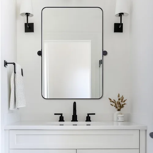 Vista 27 de Espejo giratorio Moon Mirror de oro cepillado, espejo inclinable de latón para tocador rectangular para baño, medidas totales 24.33 x 28 pulgadas