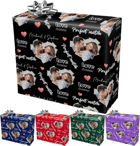 Vista 16 de Papel de regalo personalizado con fotografía, “Merry Christmas” con sombrero de Navidad, papel de regalo personalizado “Happy Birthdays” con nombre