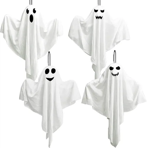 Vista 5 de Paquete de 4 fantasmas colgantes de Halloween con luces LED, decoraciones de fantasmas iluminados de 27.5 pulgadas para interiores y exteriores