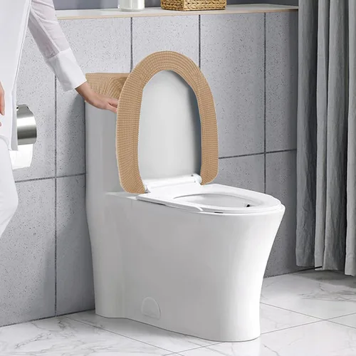 Vista 5 de Funda elástica para tapa de inodoro y funda para tanque de inodoro, juego de cubiertas elásticas para baño, tela de poliéster y elastano jacquard