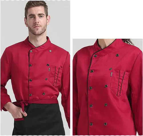 Vista 4 de XINFU Abrigo de chef unisex de manga largamanga corta con doble botonadura, uniforme de chef de cocina