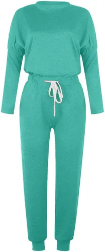 Vista 4 de Conjuntos de 2 piezas para mujer, cuello redondo, manga larga, pantalones largos, conjuntos de descanso con cordón para correr
