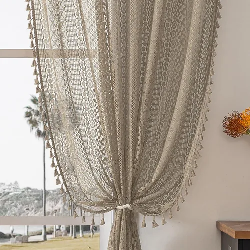 Vista 31 de WAZZIO Cortinas de Encaje, Cortina Boho de Crochet para Dormitorio, Cortinas de Café de Algodón, 45 Pulgadas de Largo, 2 Paneles con Bolsillo