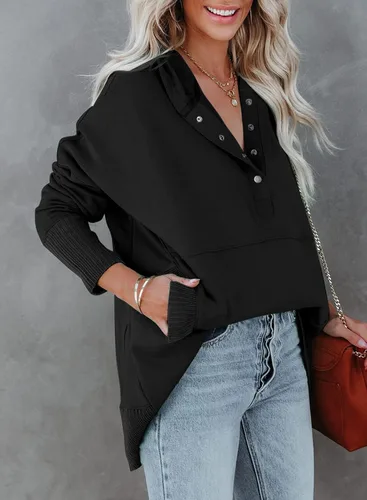Vista 4 de GLIENST Sudaderas con capucha estilo túnica casual con botones y cuello en V para mujer, sudaderas con capucha y bolsillos