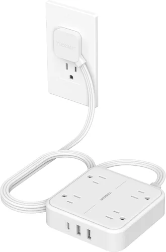 Vista 22 de TESSAN Cable de extensión plano protector de sobretensiones de 1 pie, regleta de enchufe con anillo con 4 tomas, 3 puertos USB (1 USB C), protección