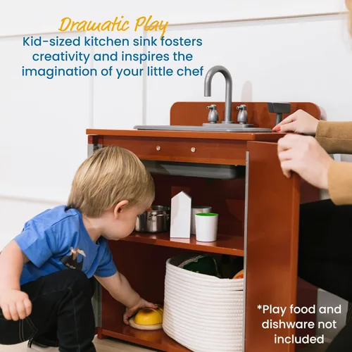 Vista 3 de ECR4Kids Fregadero de cocina para niños, de madera, nogal oscuro