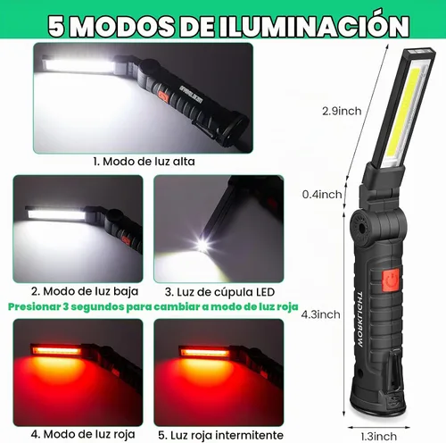 Vista 2 de Honoson - Juego de 4 luces de trabajo LED Honoson recargables con base magnética, gancho para colgar y rotación de 360°, 5 modos de linterna LED