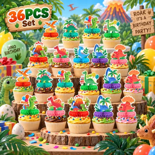 Vista 4 de 36pcs Dinosaur Cupcake Toppers